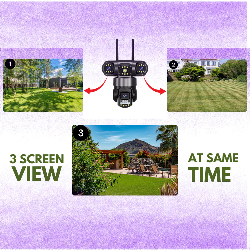 Grousale Batman 3-in-1 WiFi CCTV Camera | Triple 5MP Lens & Screen | Full HD 360° Pan-Tilt View | Dual Side Cameras with 180° Manual Rotation