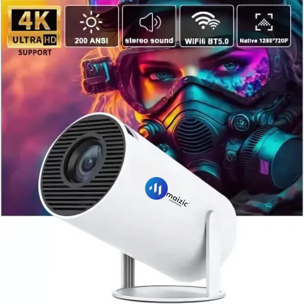 Grousale 4K HD Android Smart Projector – 150" Display | WiFi & Bluetooth | Auto Keystone | 8400 Lumens | 180° Rotation | Built-in Speaker & Remote (White)