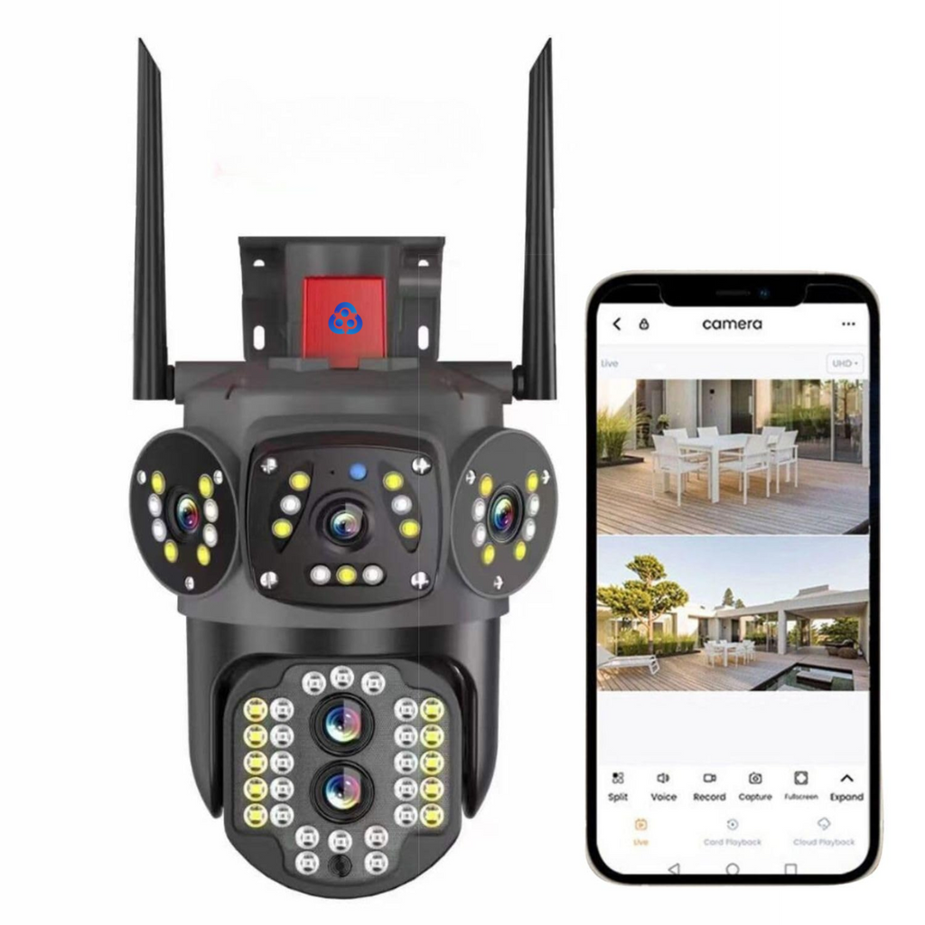 Grousale Tricams Dual Lenses 3 Screens View 4MP Each FHD Outdoor Wifi Wireless Camera with Color Night Visoin | Two Way Audio | Motion Detection | PTZ Function | Weatherproof IP66