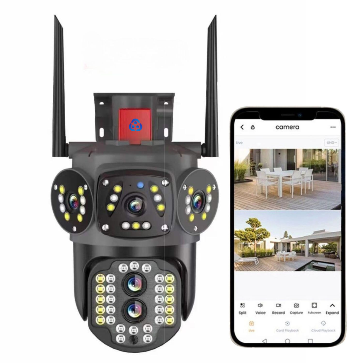Grousale Tricams Dual Lenses 3 Screens View 4MP Each FHD Outdoor Wifi Wireless Camera with Color Night Visoin | Two Way Audio | Motion Detection | PTZ Function | Weatherproof IP66