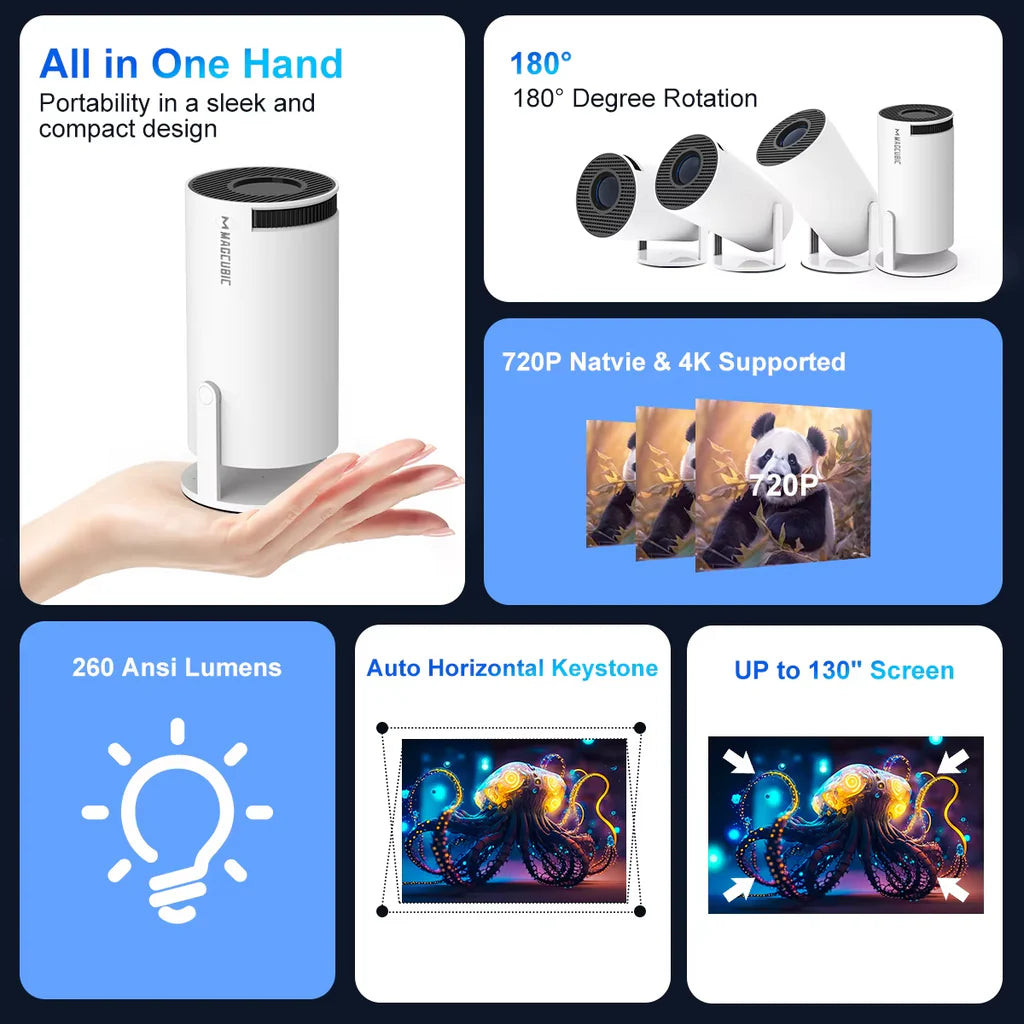 Grousale 4K HD Android Smart Projector – 150" Display | WiFi & Bluetooth | Auto Keystone | 8400 Lumens | 180° Rotation | Built-in Speaker & Remote (White)