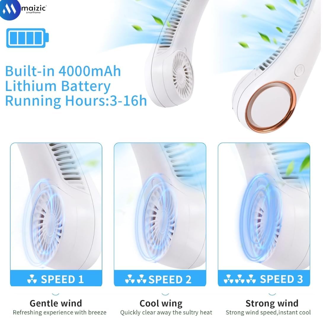 Grousale Bladeless Neck Fan – USB Rechargeable, Hands-Free Portable Cooler with 3-Speed Airflow | Lightweight & Stylish (White)