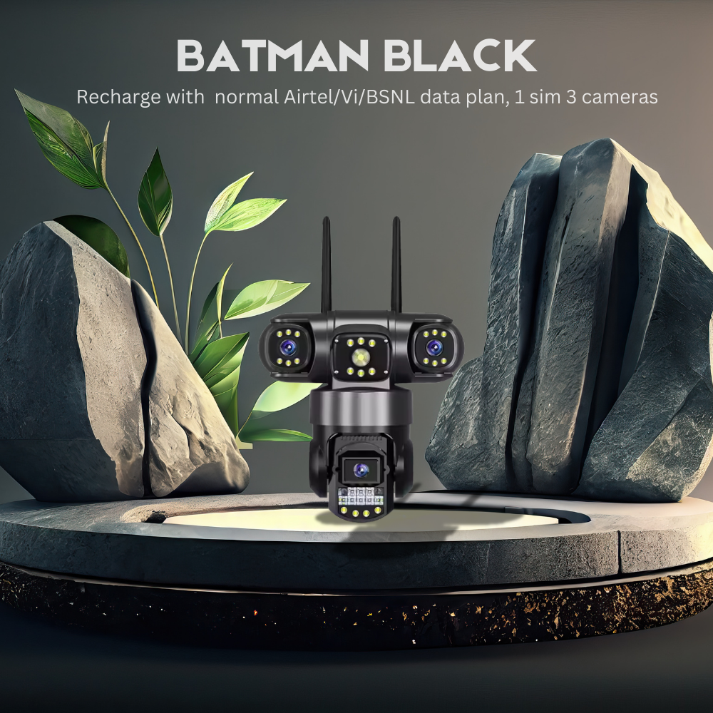 Batman Black 3in1 4G Sim CCTV Camera (5MP+5MP+5MP) Full HD 3 Lens/3 Screen View Home Security Camera with Pan Tilt 360° View & 2 side camera horizontally rotate 180° (Copy)