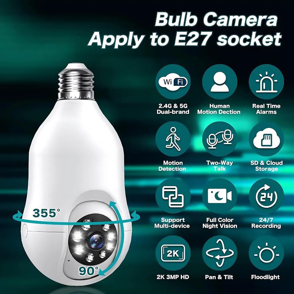 Grousale Orbit 360° Dual Pack | 3MP Wi-Fi Bulb CCTV Camera with Motion Tracking, Color Night Vision, Two-Way Audio | Compatible with B22 & E27 Holders (Pack of 2)