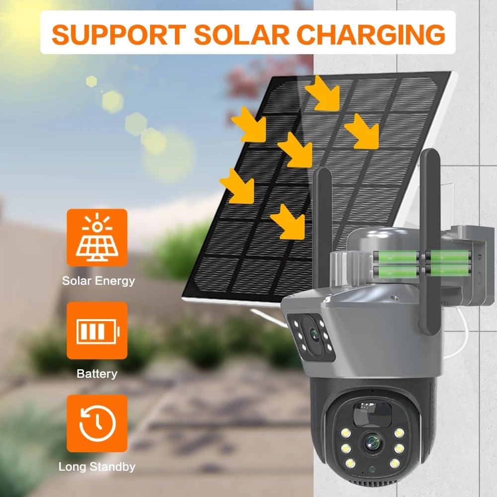 Grousale Supercam Solar Powered Wi-Fi Camera 5MP Dual Lens/Dual-Screen FHD Colored Night Vision, AI Humanoid Detection, PTZ Remote Control, 360° View, Two Way Audio IP66 Waterproof Security Camera