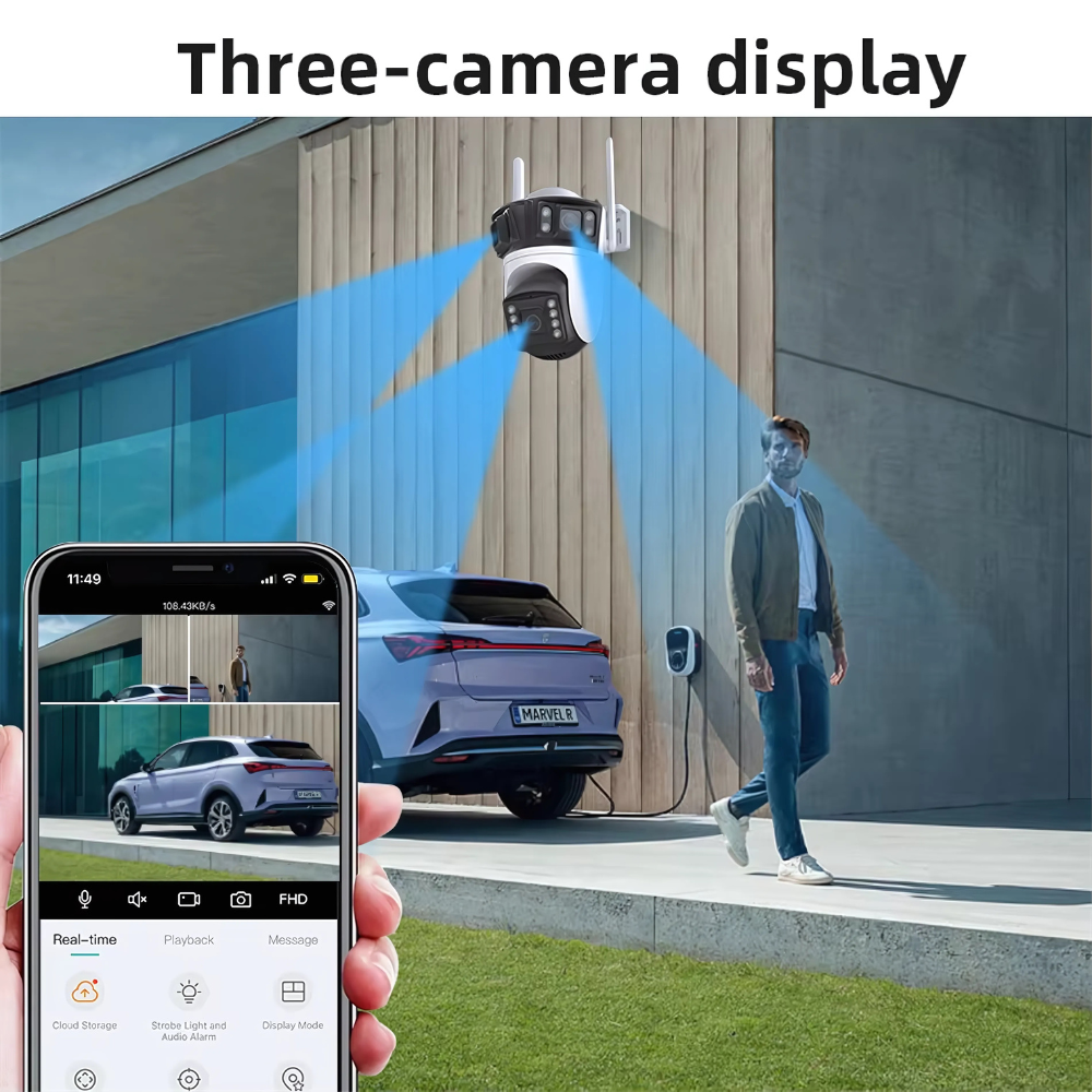 Renewed Wifi Camera (3MP+3MP+3MP) HD Real Triple Lens/Triple Screen View CCTV Camera for home Outdoor