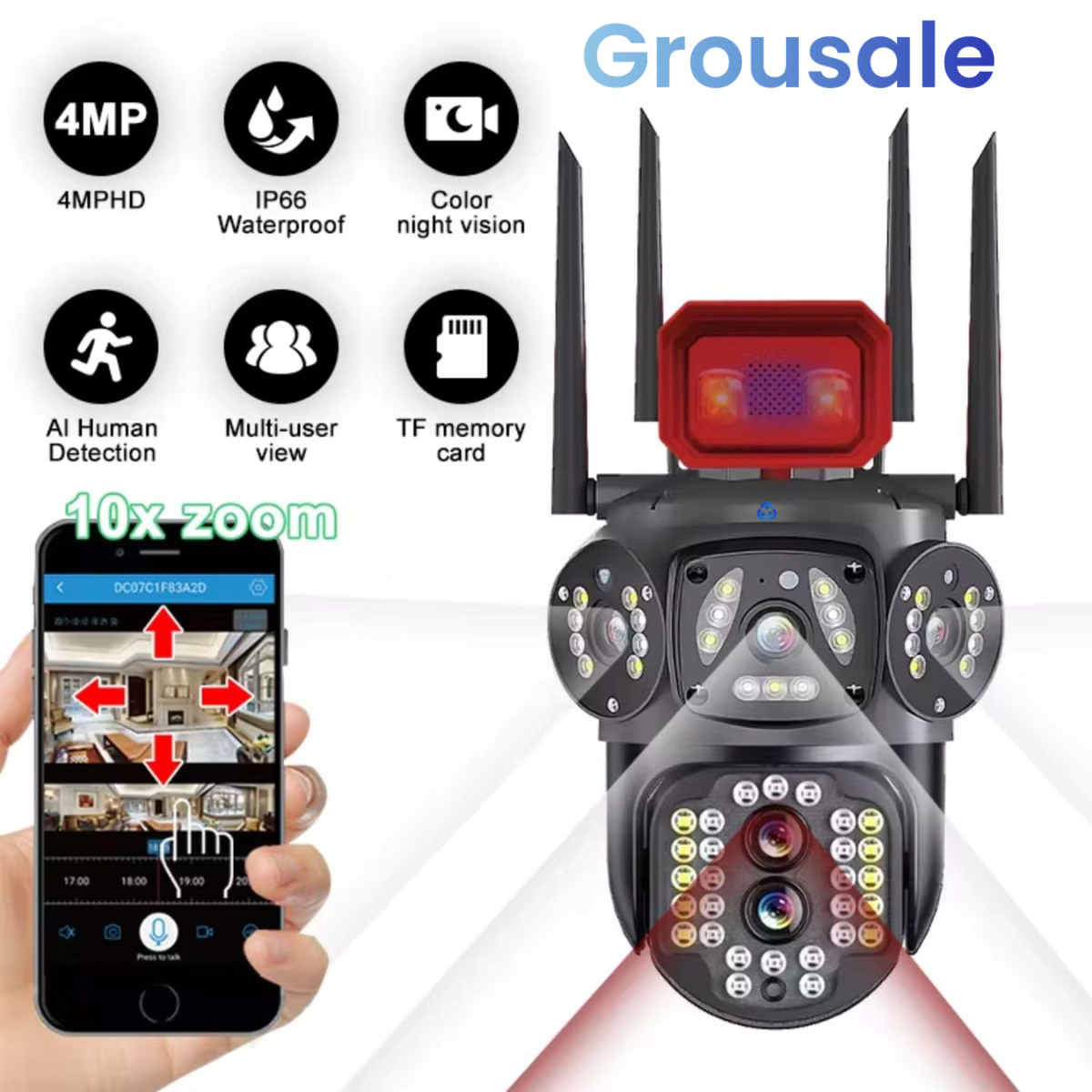 Grousale Tricams Dual Lenses 3 Screens View 4MP Each FHD Outdoor Wifi Wireless Camera with Color Night Visoin | Two Way Audio | Motion Detection | PTZ Function | Weatherproof IP66