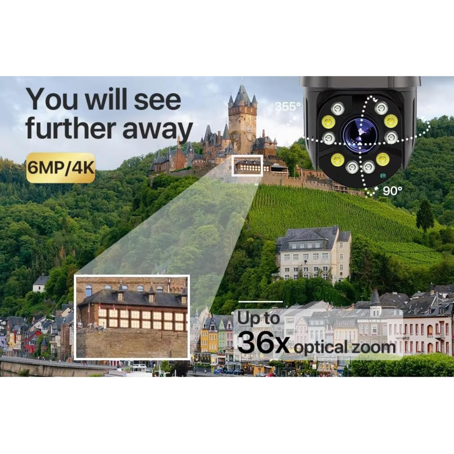 Grousale Falcon 8MP Dual Lens PTZ WiFi Camera – 36X Optical Zoom, Outdoor CCTV, 180m Day/100m Night View, Color Night Vision, 2-Way Audio, ISCEE App