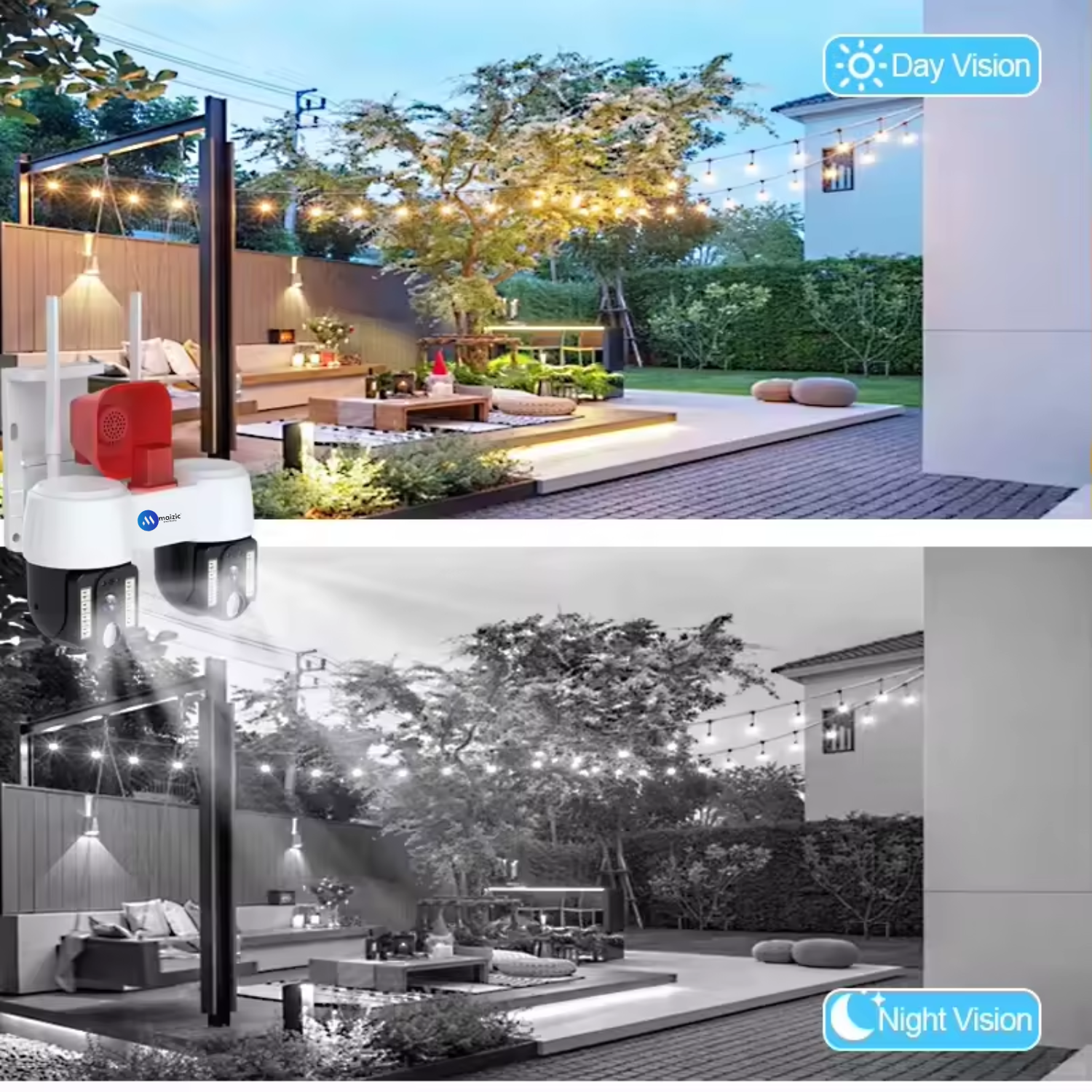 Grousale 2in1 2K FHD Siren 1080p Resolution WIFI Wireless Outdoor Camera with Dual Lens | 360° View | Alarm | Motion Detection | Color Night Vision | IP66 Weatherproof | Two Way Audio Support Upto 128 GB SD Card