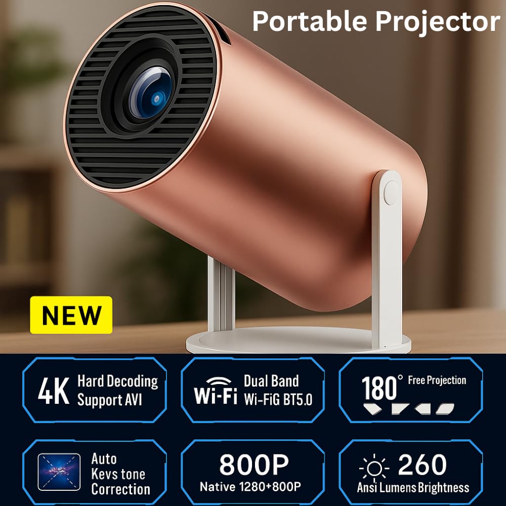 Grousale Rose 2X Android Smart Projector | 13.0 OS | 950S Chip | Native 800P, Supports 1080P & 4K | 4D & Auto Keystone | Netflix, Prime, Wi-Fi, Bluetooth | Screen Mirroring