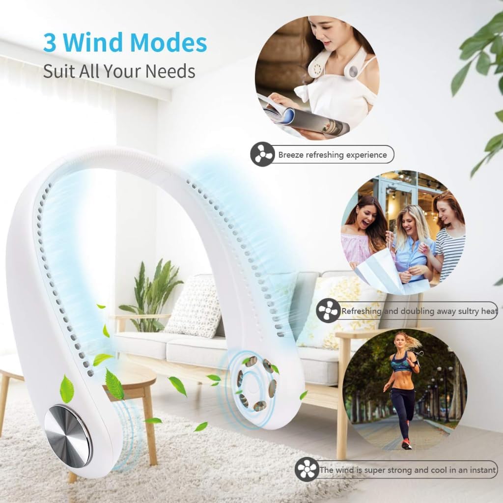 Grousale Bladeless Neck Fan – USB Rechargeable, Hands-Free Portable Cooler with 3-Speed Airflow | Lightweight & Stylish (White)