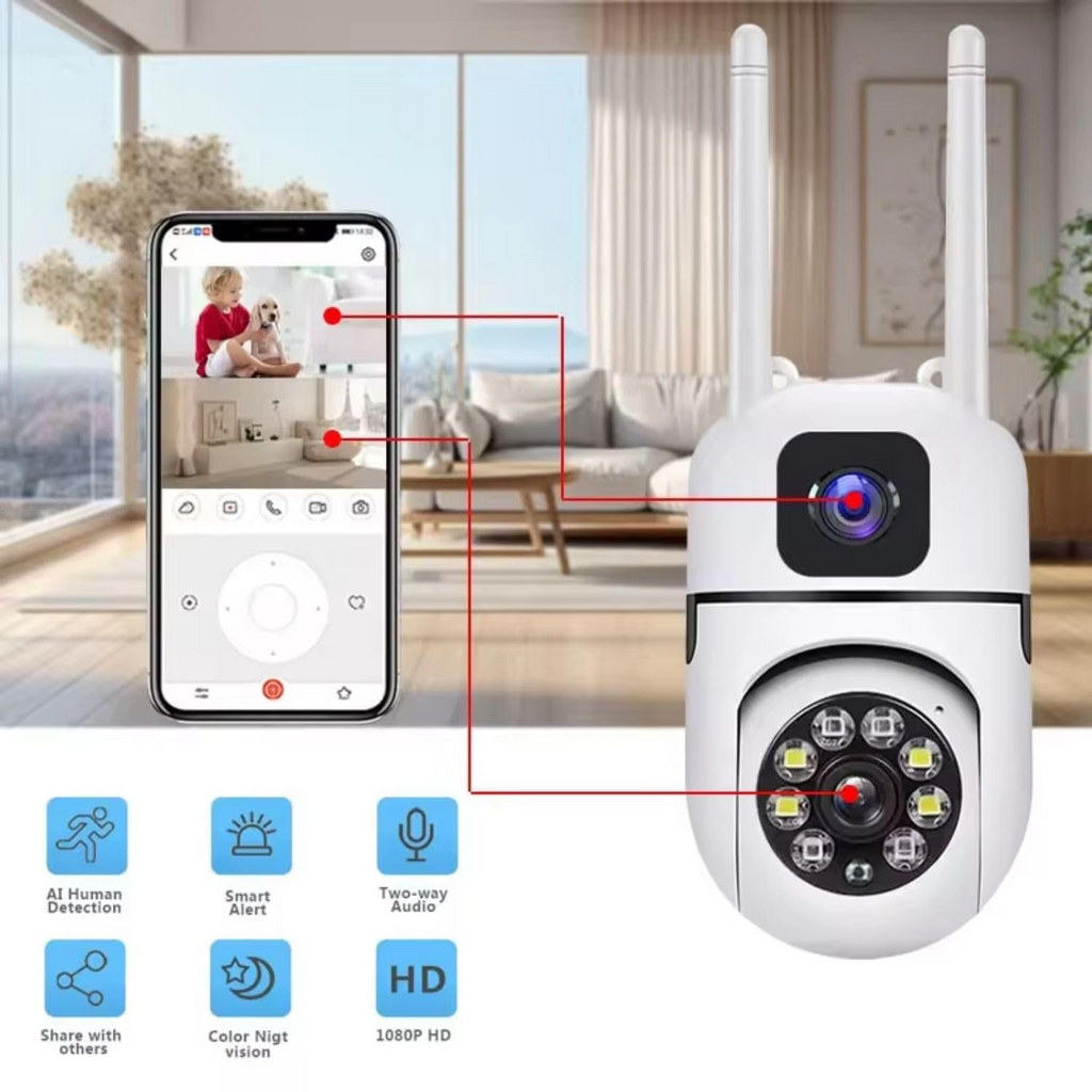 Mini Dual Lens/Screen 2in1 PTZ+Bullet 5+5MP Full HD 1920 WiFi Wireless Indoor Camera