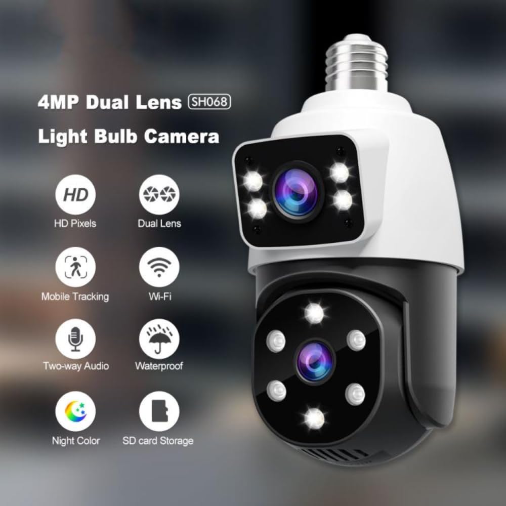 Grousale Ultracam Aura Duo 4MP + 4MP Dual-Lens Bulb Camera | Dual Screen View | Outdoor Wi-Fi CCTV | Color Night Vision | 2-Way Audio | AP Hotspot Support | Smart Home Security