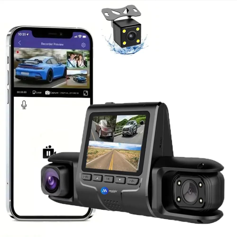 Grousale Navic Trio 3-Channel Dash Cam – 1080P Front, Rear & Cabin, Motion Detection, G-Sensor, Parking Monitor, 64GB SD Support