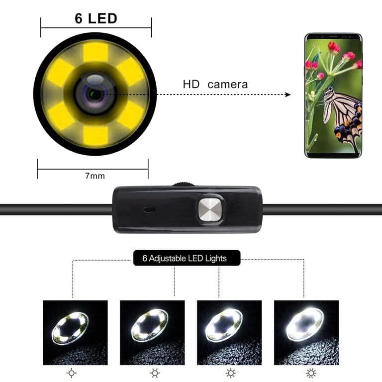 Grousale Wired Endoscope Camera 720p IP67 Waterproof 6 LED – 7M Cable, 8.5mm Diameter Camera, Control Button to Capture Image/Video, 640 * 480 Resolutions