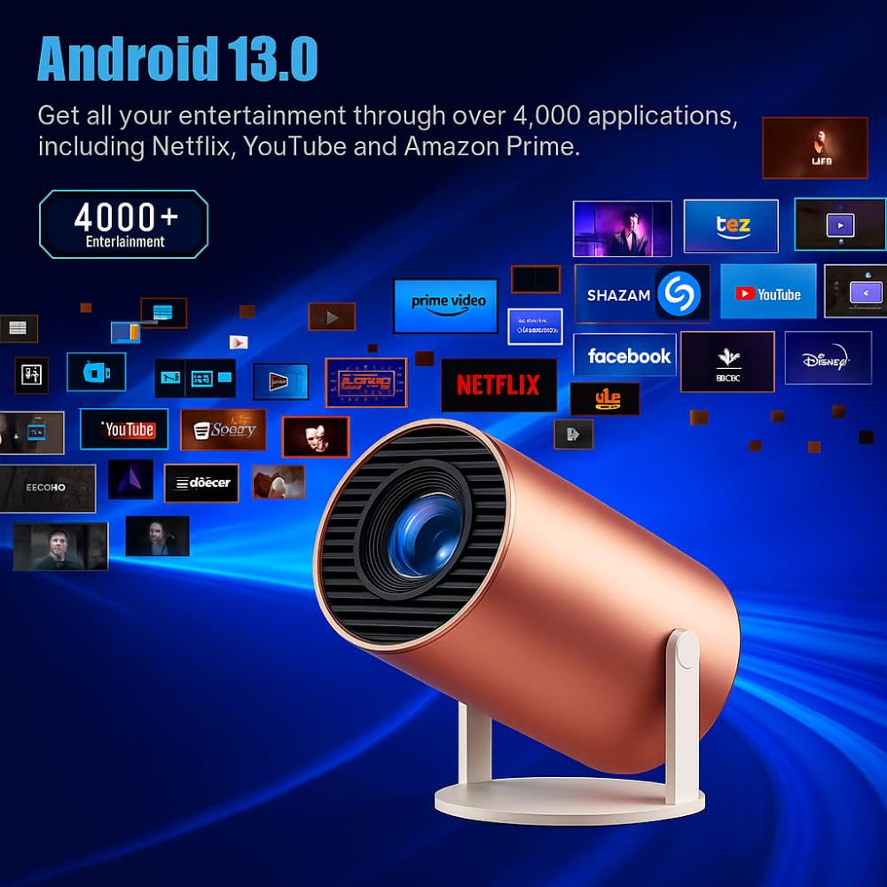 Grousale Rose 2X Android Smart Projector | 13.0 OS | 950S Chip | Native 800P, Supports 1080P & 4K | 4D & Auto Keystone | Netflix, Prime, Wi-Fi, Bluetooth | Screen Mirroring