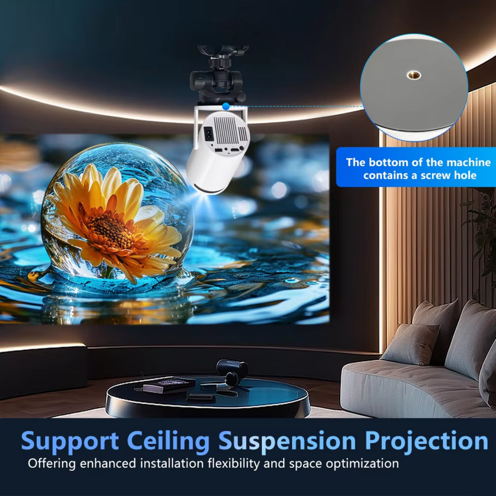 Grousale 4K HD 150" Android Projector Wifi Portable BT 180° Rotation Auto Keystone (8400 lm / 1 Speaker / Wireless / Remote Controller) Portable Projector (White)