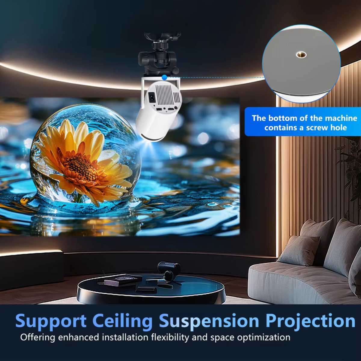 Grousale 4K HD 150" Android Projector Wifi Portable BT 180° Rotation Auto Keystone (8400 lm / 1 Speaker / Wireless / Remote Controller) Portable Projector (White)
