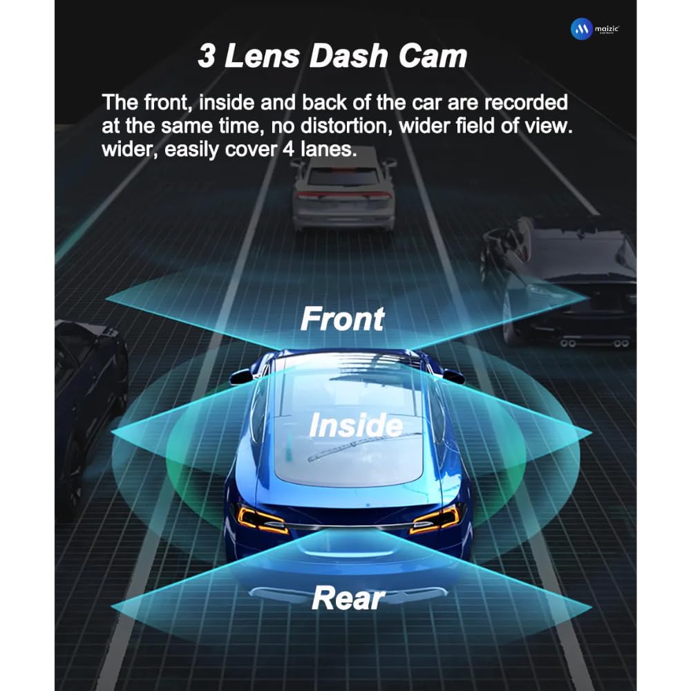 Grousale Navic Trio 3-Channel Dash Cam – 1080P Front, Rear & Cabin, Motion Detection, G-Sensor, Parking Monitor, 64GB SD Support
