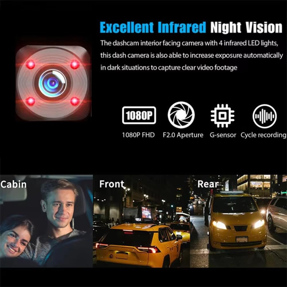 Grousale Triplex 4K 3-Channel Dash Cam – Front, Rear & Cabin, Wi-Fi, G-Sensor, IR Night Vision, 24H Parking Monitor