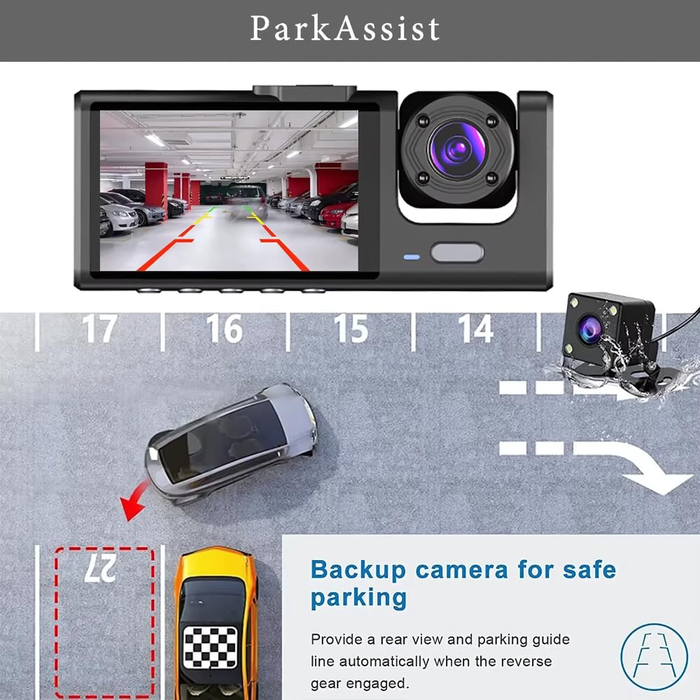 Grousale Navic X3 4K 3-Channel Dash Cam – Front, Rear & Inside, Wi-Fi, G-Sensor, IR Night Vision, 24H Parking Monitor