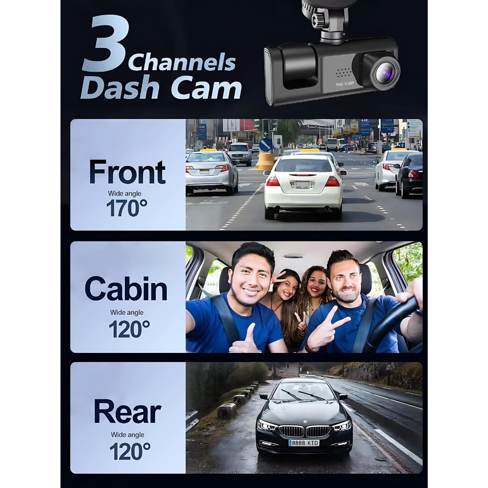 Grousale Navic X3 4K 3-Channel Dash Cam – Front, Rear & Inside, Wi-Fi, G-Sensor, IR Night Vision, 24H Parking Monitor