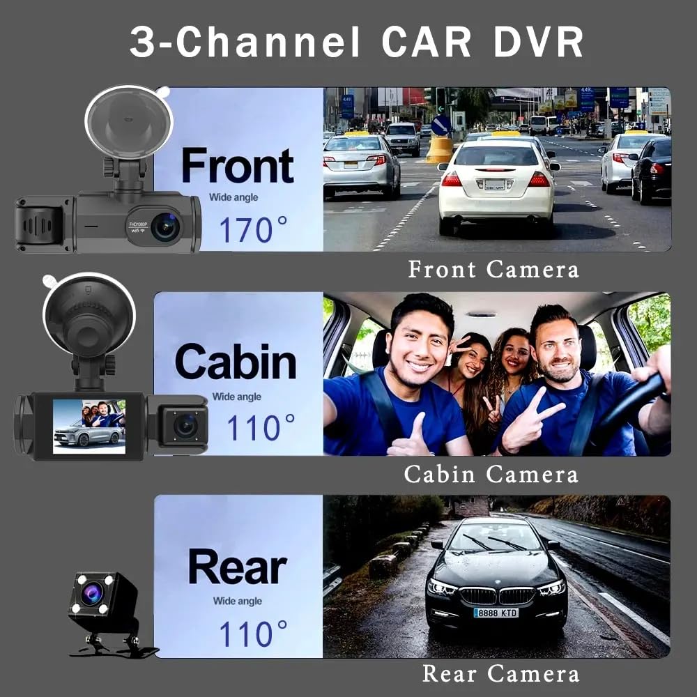 Grousale Triplex 4K 3-Channel Dash Cam – Front, Rear & Cabin, Wi-Fi, G-Sensor, IR Night Vision, 24H Parking Monitor
