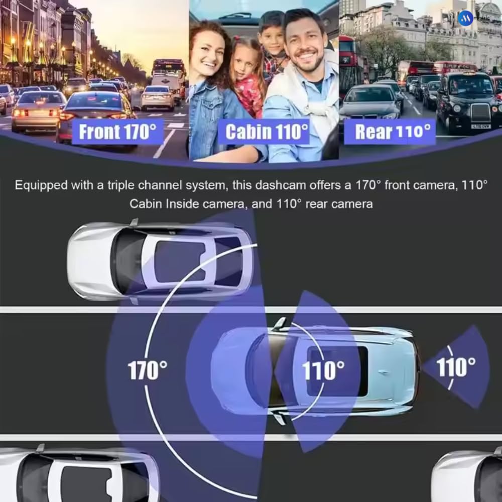 Grousale Navic Trio 3-Channel Dash Cam – 1080P Front, Rear & Cabin, Motion Detection, G-Sensor, Parking Monitor, 64GB SD Support