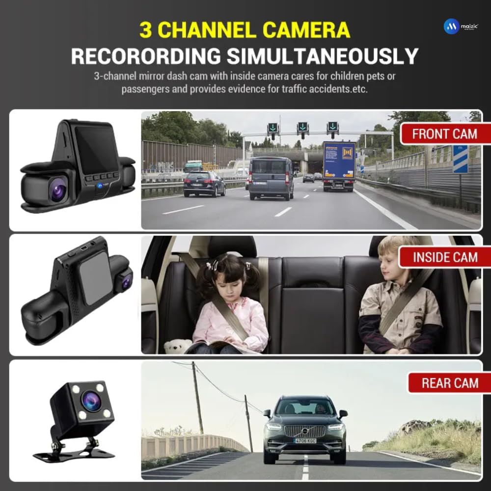 Grousale Navic Trio 3-Channel Dash Cam – 1080P Front, Rear & Cabin, Motion Detection, G-Sensor, Parking Monitor, 64GB SD Support