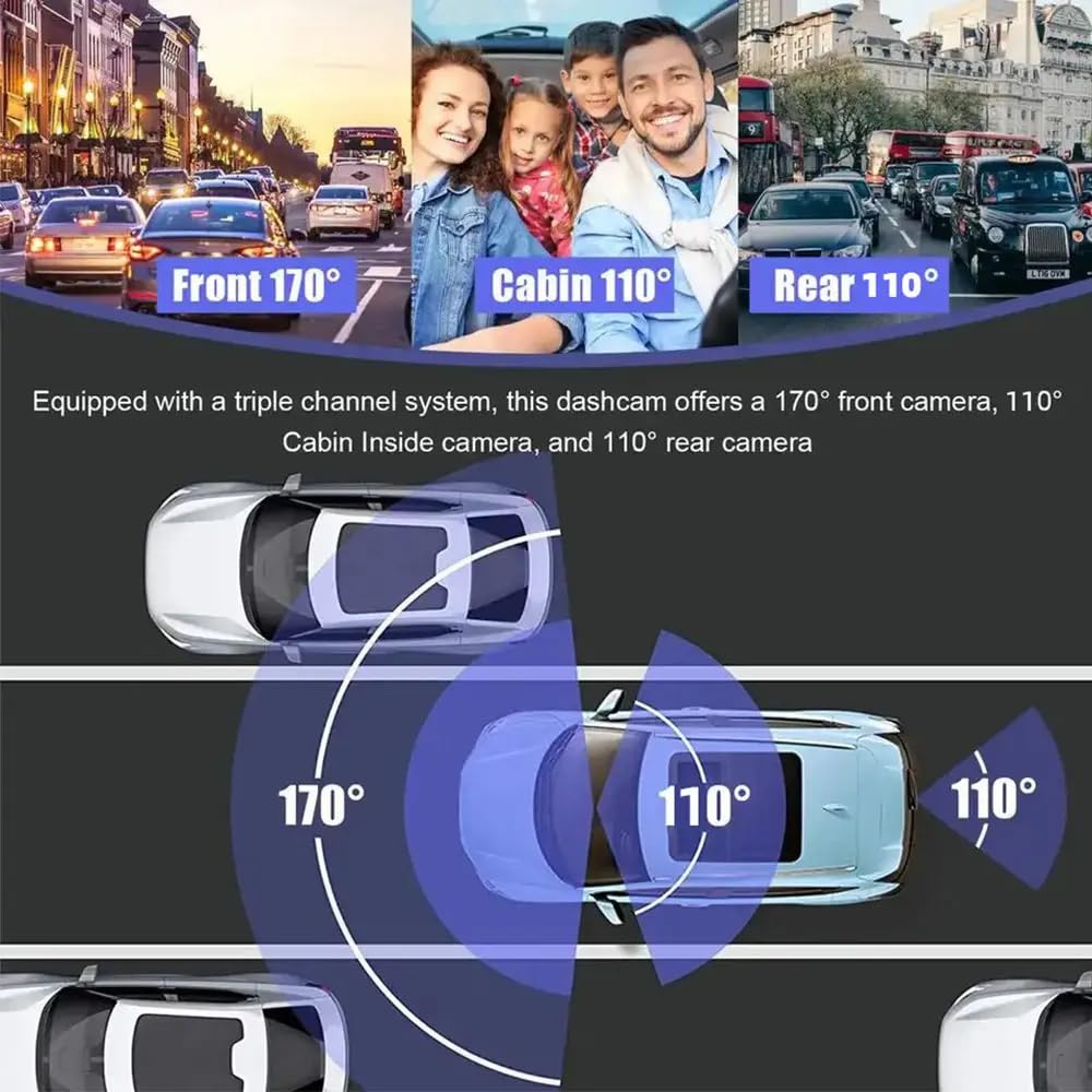 Grousale Triplex 4K 3-Channel Dash Cam – Front, Rear & Cabin, Wi-Fi, G-Sensor, IR Night Vision, 24H Parking Monitor