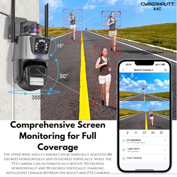 Grousale Supercam TwinView Dual Lens CCTV – 5MP+5MP WiFi Outdoor Camera, Dual Screen, Color Night Vision, IP66, 128GB SD Support