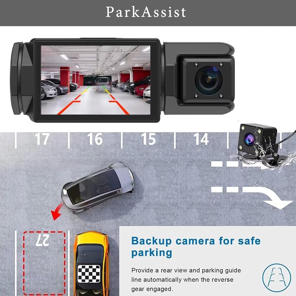 Grousale Triplex 4K 3-Channel Dash Cam – Front, Rear & Cabin, Wi-Fi, G-Sensor, IR Night Vision, 24H Parking Monitor