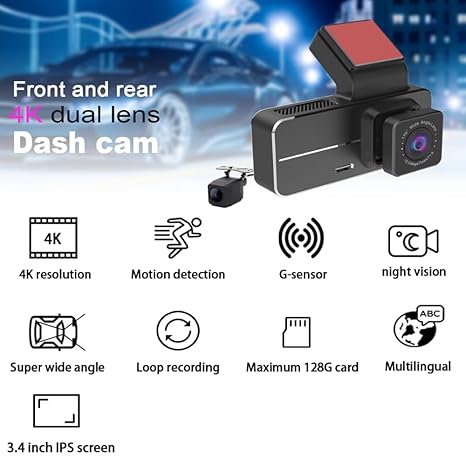 Grousale Navic Duo 4K DashCam – Dual Channel 5MP Front & 1296P Rear, GPS, Wi-Fi, G-Sensor, Night Vision, 3.4" LCD