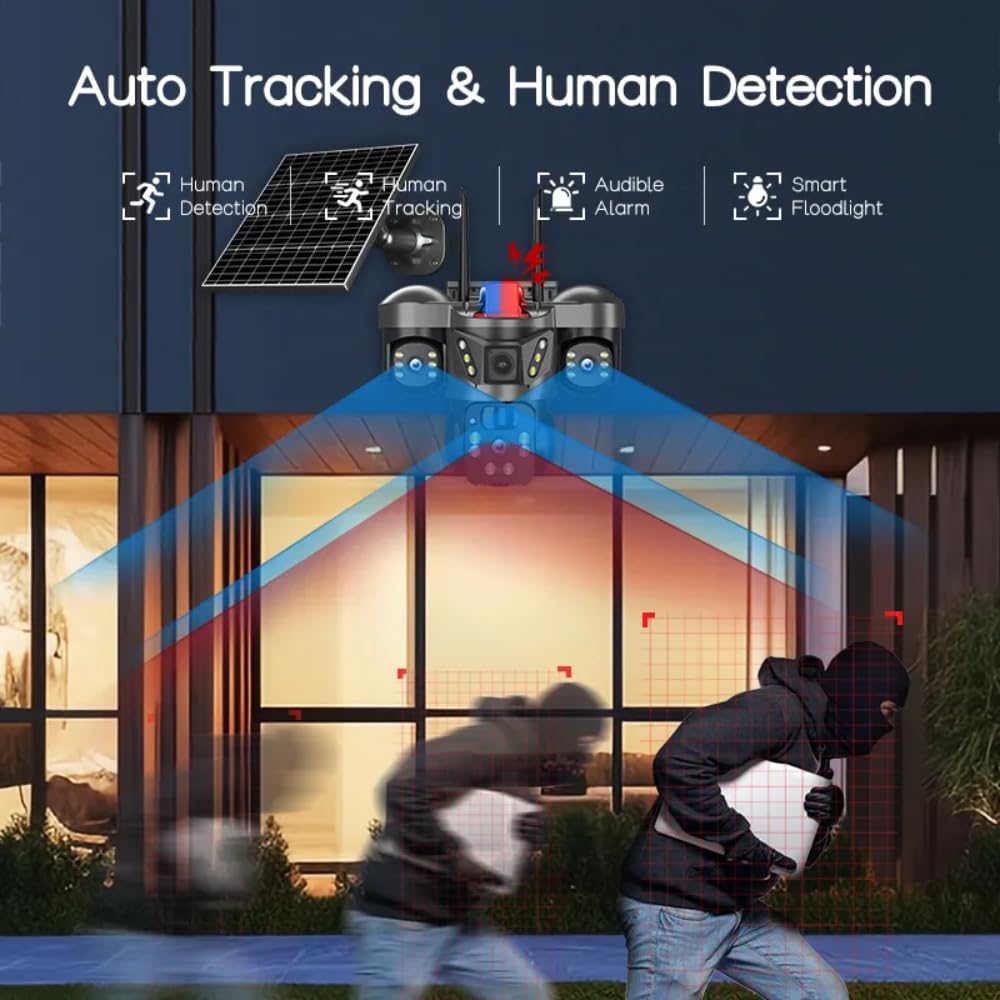 Grousale Trion 4G Solar 5MP Triple Lens Outdoor CCTV – Auto Tracking, Human Detection, Color Night Vision
