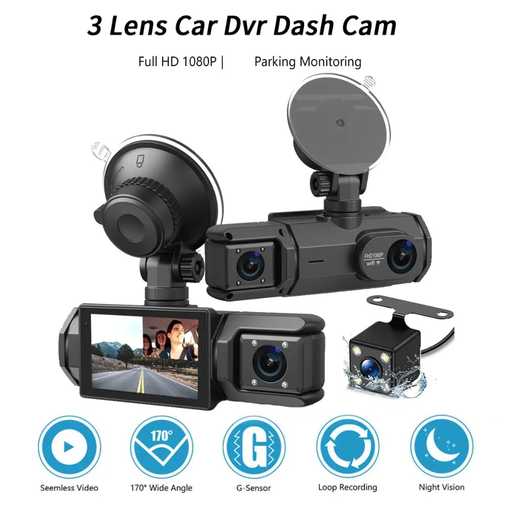 Grousale Triplex 4K 3-Channel Dash Cam – Front, Rear & Cabin, Wi-Fi, G-Sensor, IR Night Vision, 24H Parking Monitor