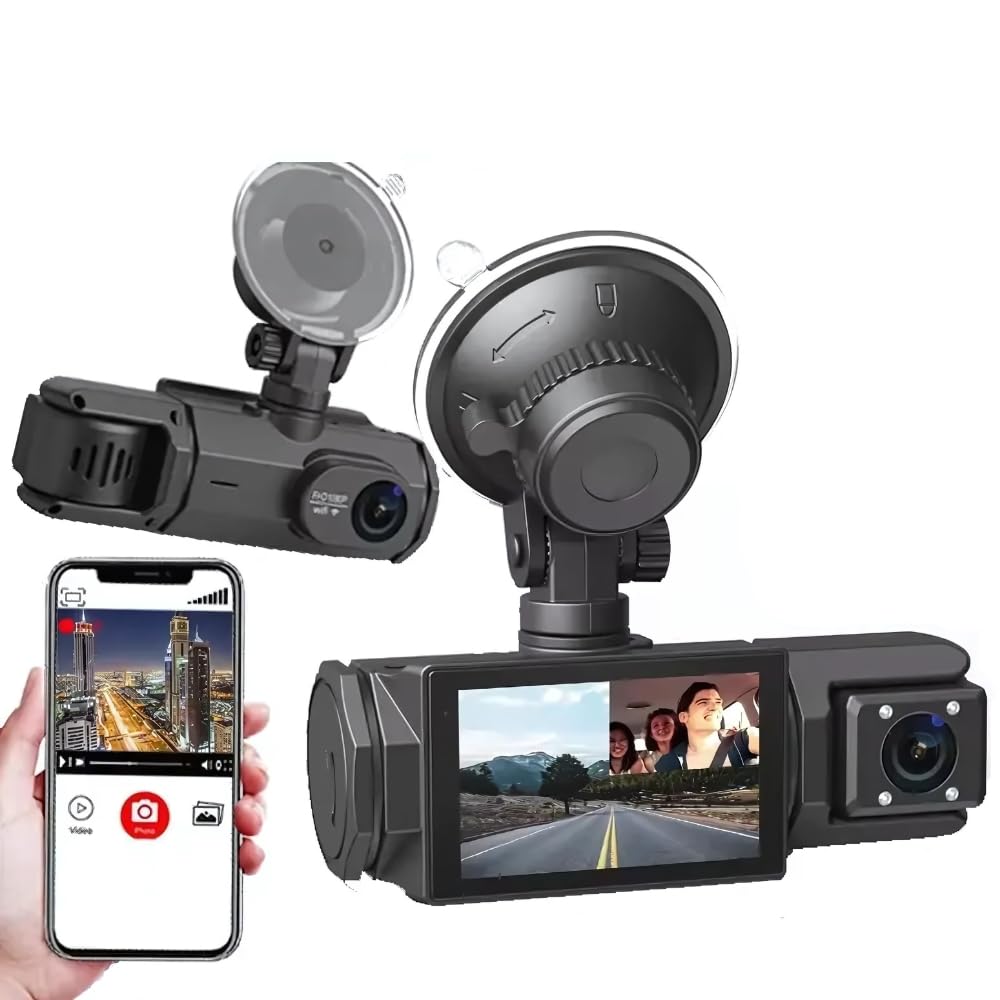 Grousale Triplex 4K 3-Channel Dash Cam – Front, Rear & Cabin, Wi-Fi, G-Sensor, IR Night Vision, 24H Parking Monitor