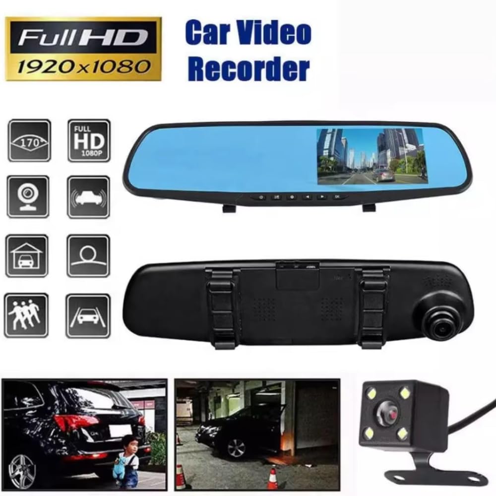 Grousale WiFi Mirror Dashcam for Car | Full HD Front & Rear Recording, Color Night Vision, G-Sensor, Parking Mode, Loop Recording, App Control | Android & iOS Compatible