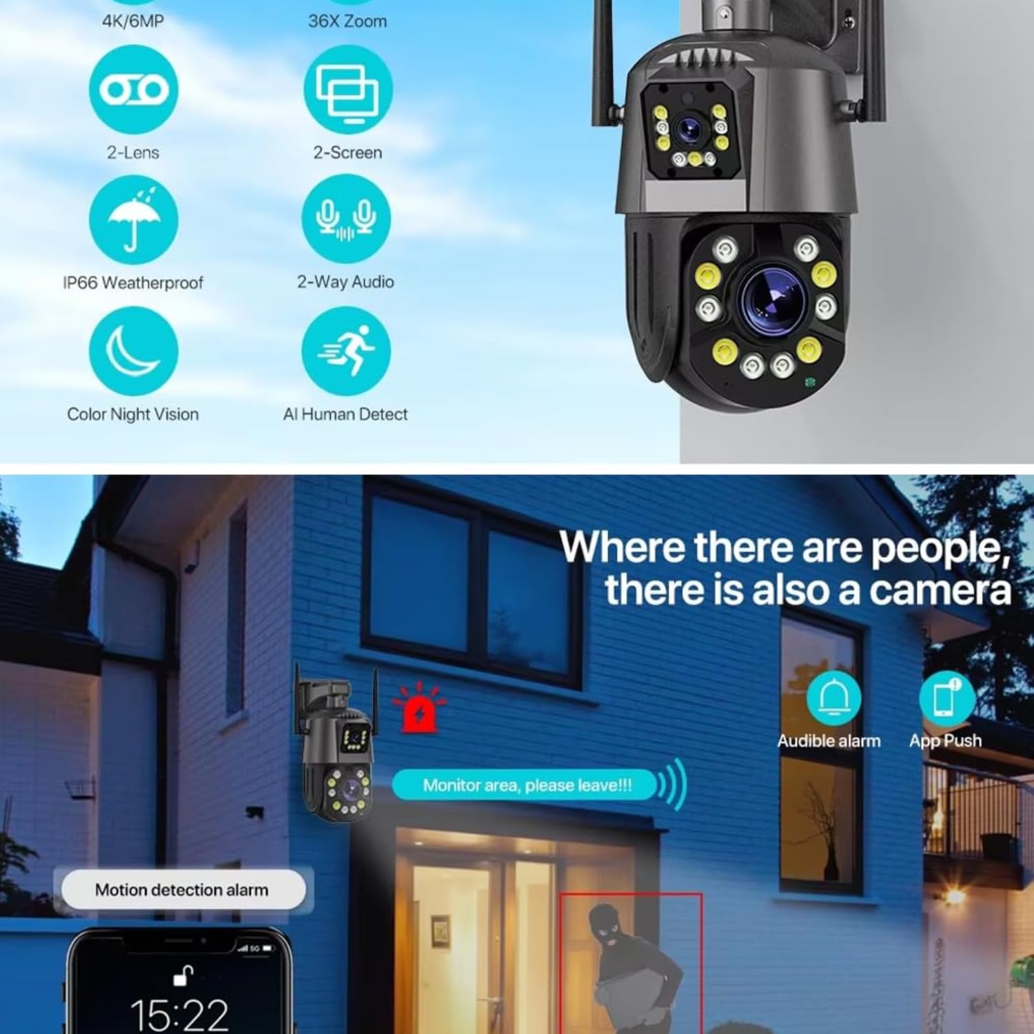 Grousale Falcon 8MP Dual Lens PTZ WiFi Camera – 36X Optical Zoom, Outdoor CCTV, 180m Day/100m Night View, Color Night Vision, 2-Way Audio, ISCEE App