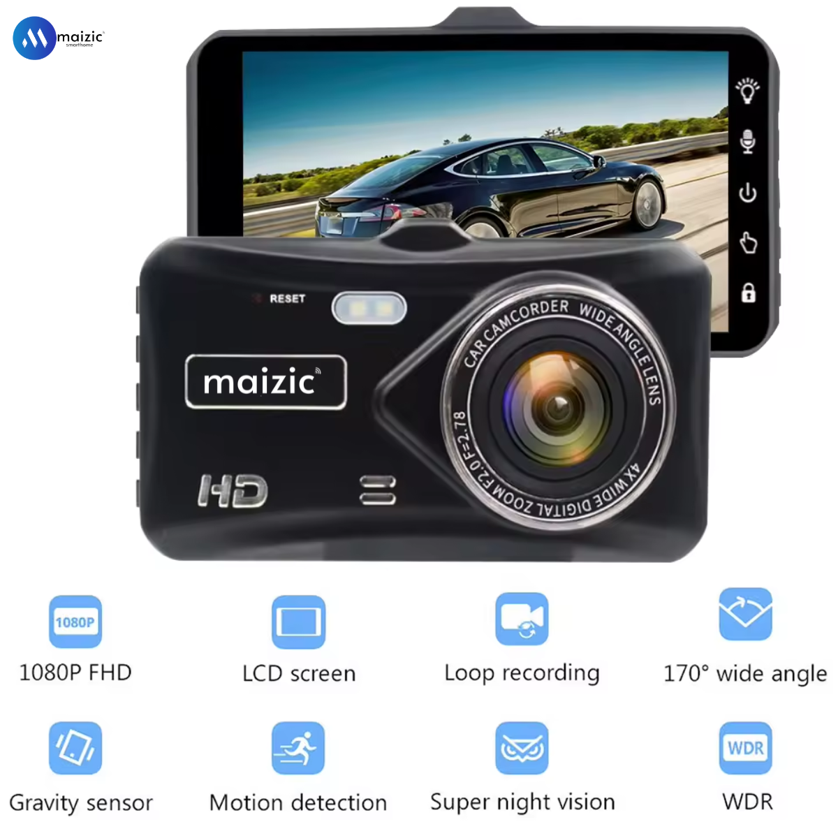 Grousale Supercar 1440p Car Dash Cam - 4″ HD Display, Wifi, Night Vision, 170° Wide-Angle View