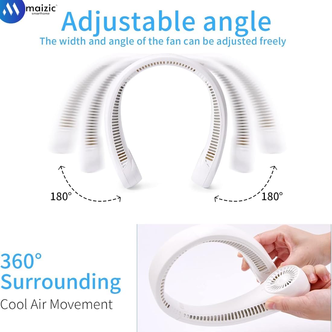 Grousale Bladeless Neck Fan – USB Rechargeable, Hands-Free Portable Cooler with 3-Speed Airflow | Lightweight & Stylish (White)