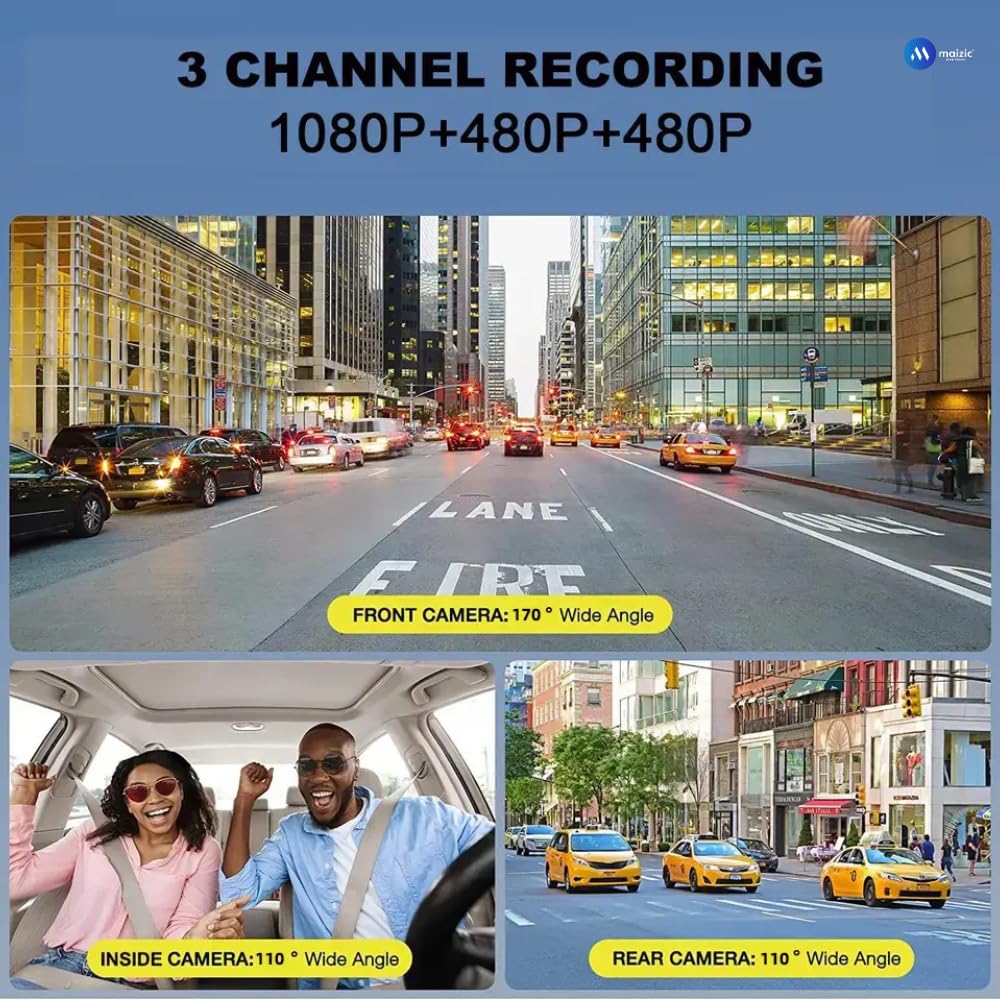 Grousale Navic Trio 3-Channel Dash Cam – 1080P Front, Rear & Cabin, Motion Detection, G-Sensor, Parking Monitor, 64GB SD Support