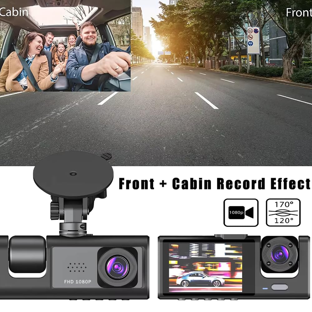 Grousale Navic X3 4K 3-Channel Dash Cam – Front, Rear & Inside, Wi-Fi, G-Sensor, IR Night Vision, 24H Parking Monitor