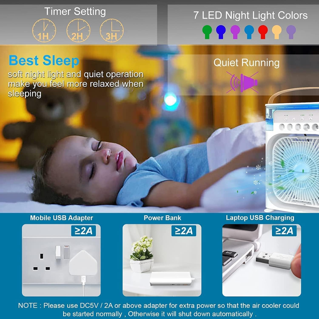 Mini Air Cooler Fan with light , Timer, 3 Wind Speeds and 3 Spray Modes MSH-020524 USB Air Cooler (WHITE)