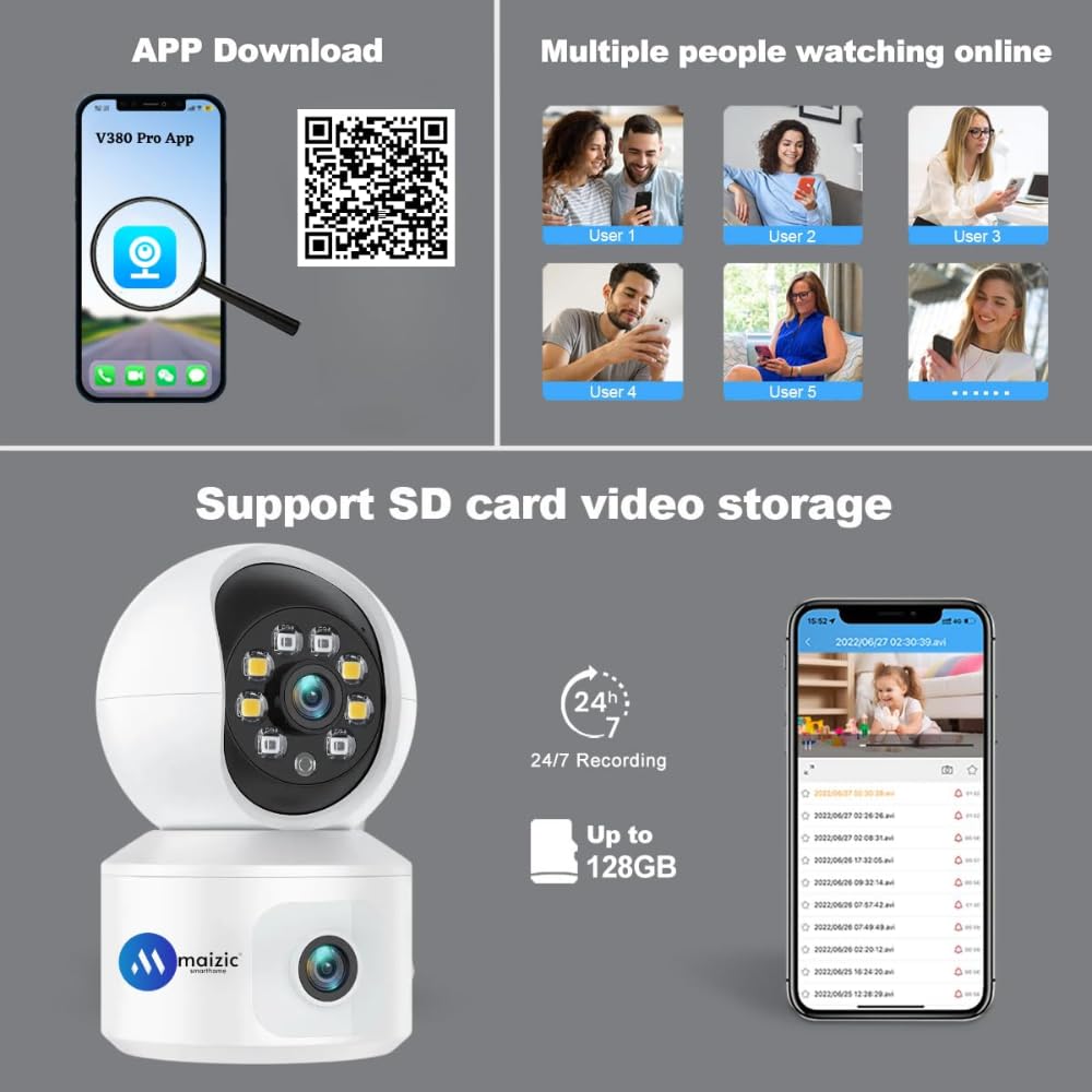 Renewed Grousale 4G SIM Dual Lens Indoor CCTV Camera | Dual Screen View, Color Night Vision, 2-Way Talk, AI Motion Detection, 128GB SD Support