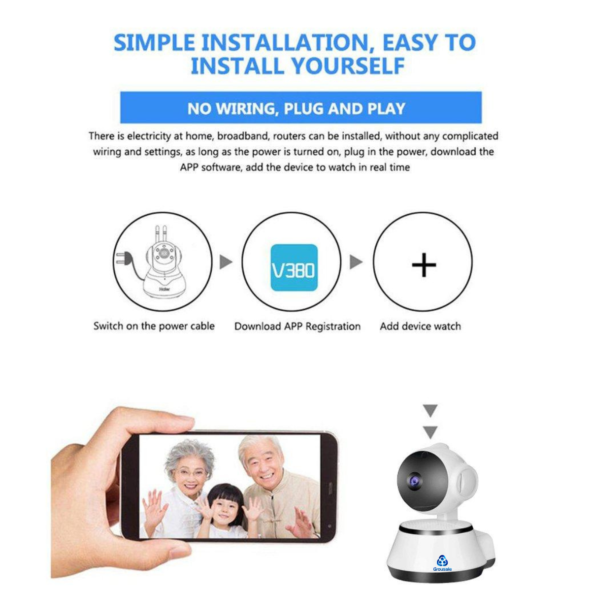Grousale 3MP Full HD PTZ WiFi CCTV Camera – Wireless, AI Human Detection, Motion Alerts, Color Night Vision (No Antenna)