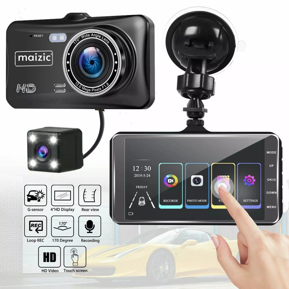 Grousale Supercar 1440p Car Dash Cam - 4″ HD Display, Wifi, Night Vision, 170° Wide-Angle View