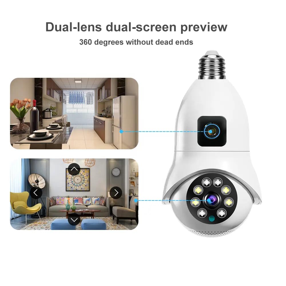 Grousale Supercam Pro Dual Lens | 3+3MP Wi-Fi Bulb CCTV Camera (Pack of 2) with 360° View, Dual Screen, Motion Tracking, Color Night Vision, Two-Way Talk | B22 & E27 Holder Compatible
